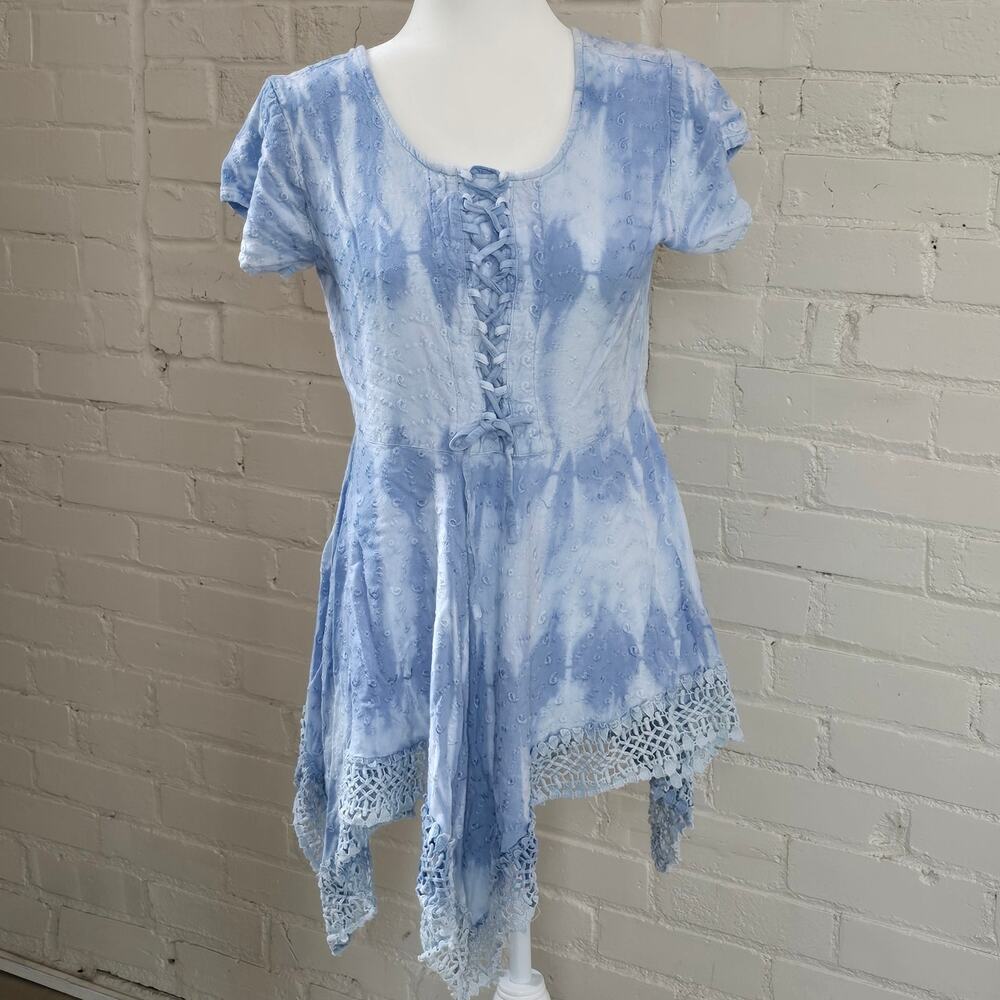 Sacred Threads Blue Tie Dye Tunic| Lace Corset Sharkbite Hem |  Boho Fairycore